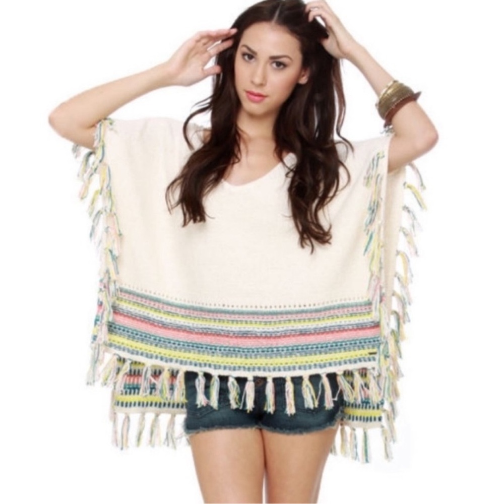 ROXY Serene Morning fringe tassel knit cream & Rainbow poncho sweater XS S